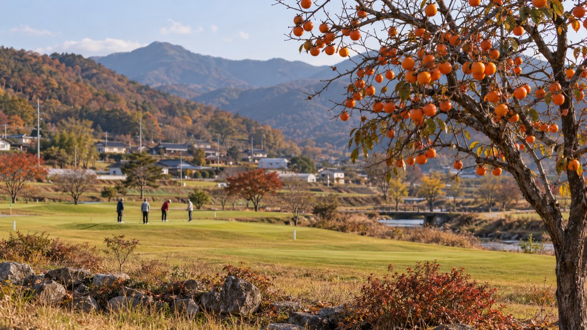 감이 주렁주렁 달린 감나무 너머로 보이는 시골 마을 파크골프장과 그린 위 사람들 (AI 장면)