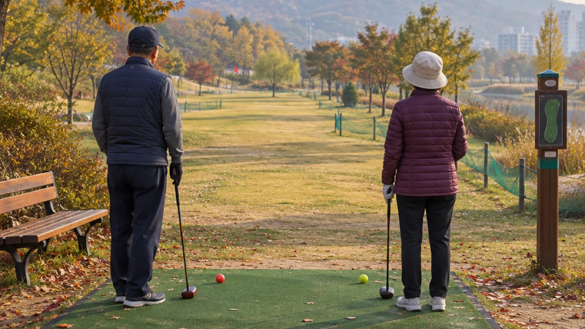 파크골프장 티 매트 양쪽에 서서 차례를 기다리는 두 사람의 뒷모습 (AI 장면)