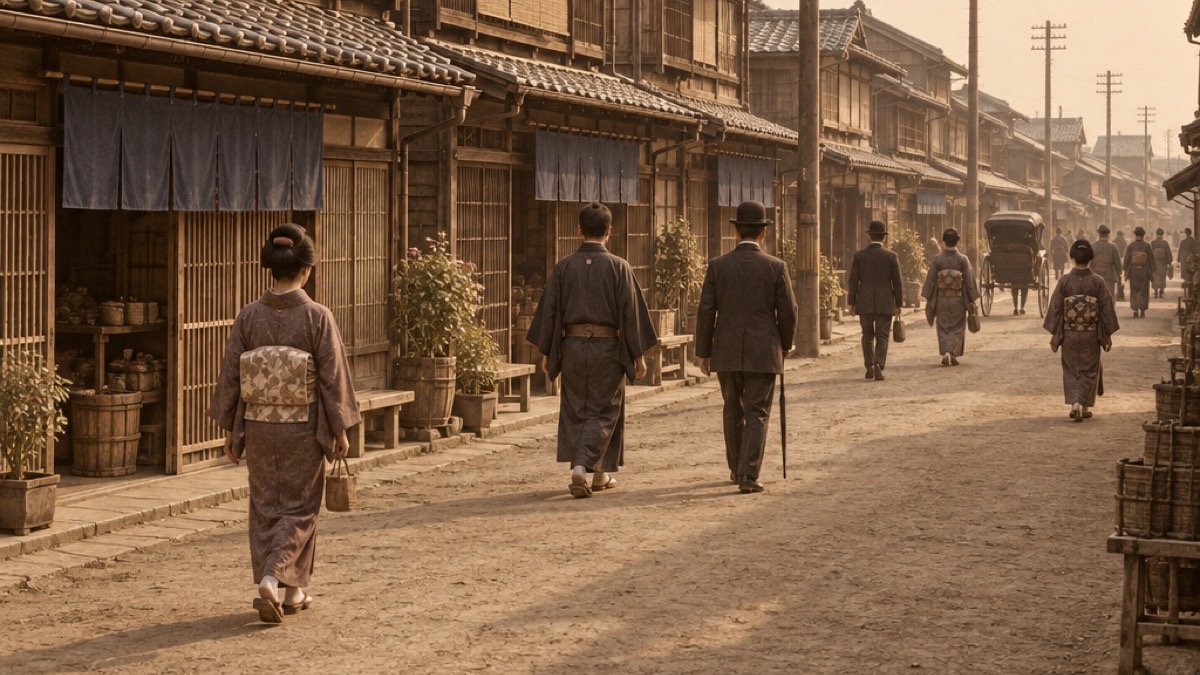 1900년대 초 일본 상점가에서 기와지붕 목조 가게 앞을 기모노와 중절모 차림의 사람들이 걸어가는 뒷모습