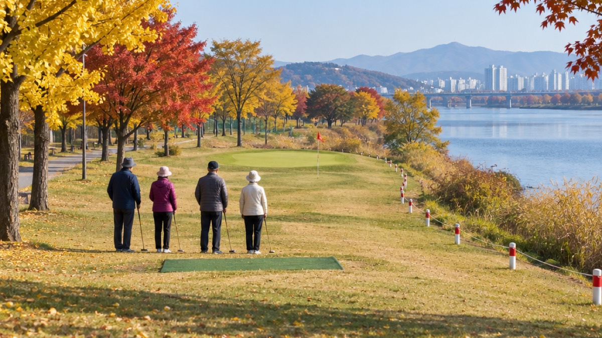 가을 강변 파크골프장에서 빨간 흰 OB 말뚝이 늘어선 홀 앞에 선 시니어 네 사람의 뒷모습 (AI 장면)