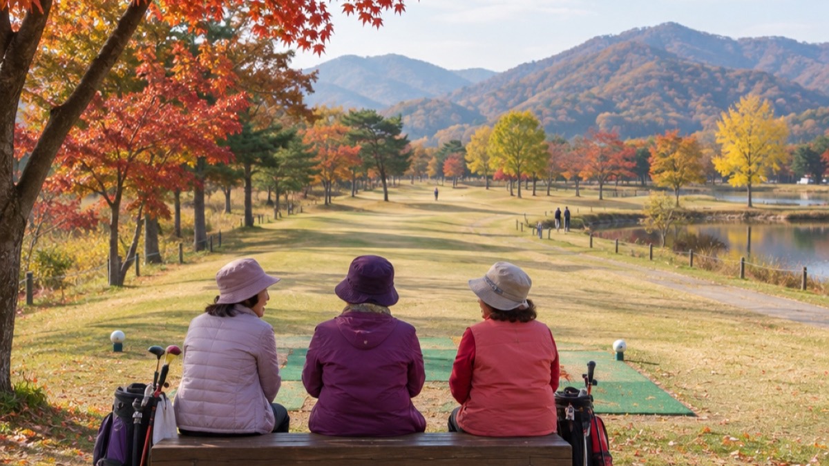 첫 홀 티 매트 옆 벤치에 나란히 앉아 차례를 기다리는 60대 여성 세 명의 뒷모습, 가을 단풍이 든 파크골프장